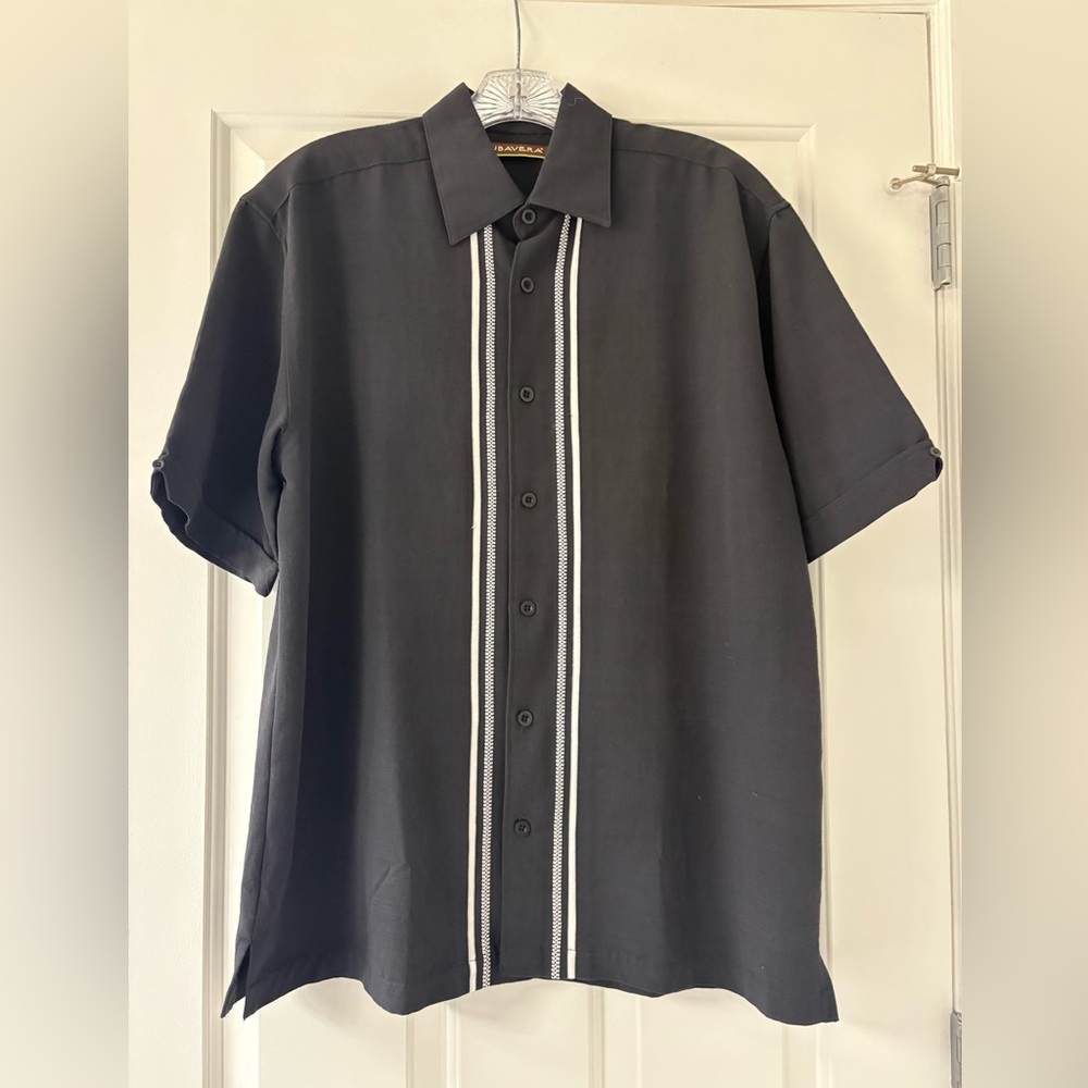 Cubavera Black Short Sleeve Men's Shirt w White Stripes (Medium)